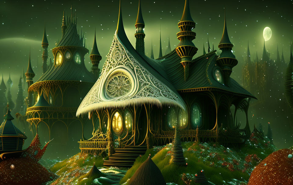 Ornate Fantasy Landscape with Glowing Green Buildings at Night