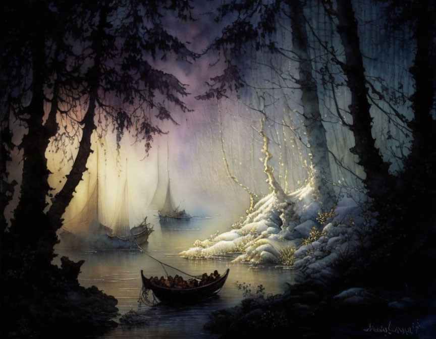 Twilight scene with rowboat near snowy shore and sailboats in misty background