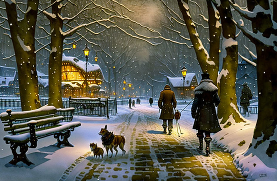 Winter scene with people, dog, benches, glowing house, snow, and bare trees