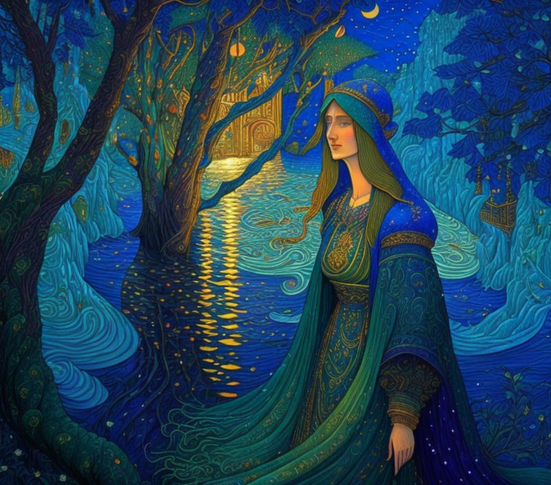 Stylized illustration of woman in flowing blue & green dress in mystical forest by river under starry