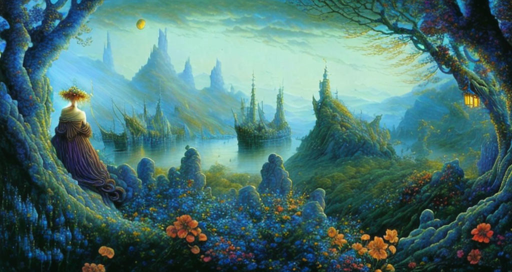 Fantastical landscape painting with robed figure and mystical lake