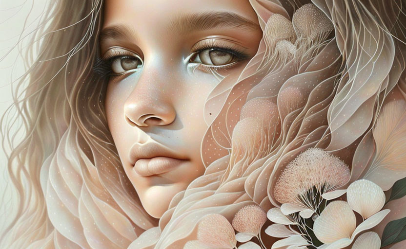 Digital artwork: Dreamy-eyed girl surrounded by delicate flowers and feathers