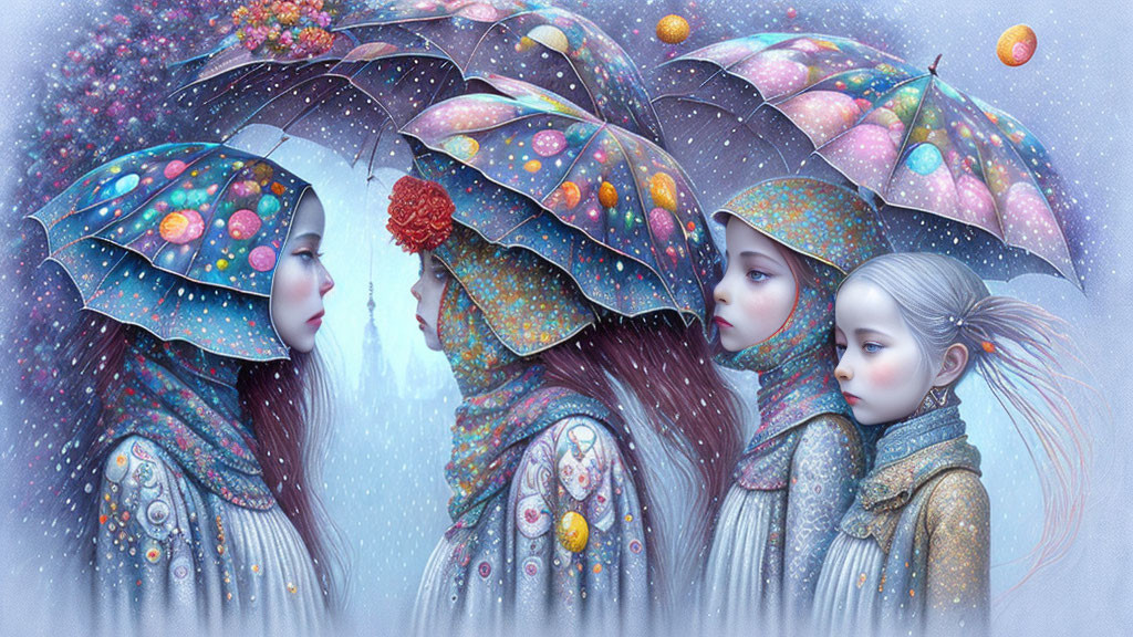 Four stylized girls with cosmic-patterned umbrellas in snowy landscape