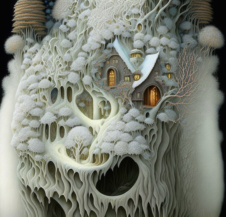 Fantastical treehouse illustration with intricate roots and glowing windows