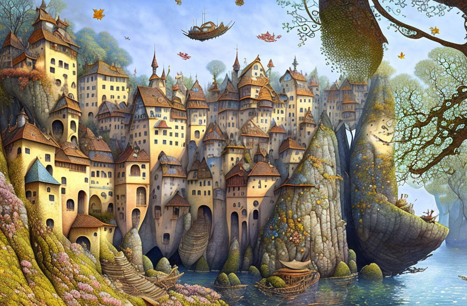 Fantastical cliffside town with flying boats and vibrant foliage