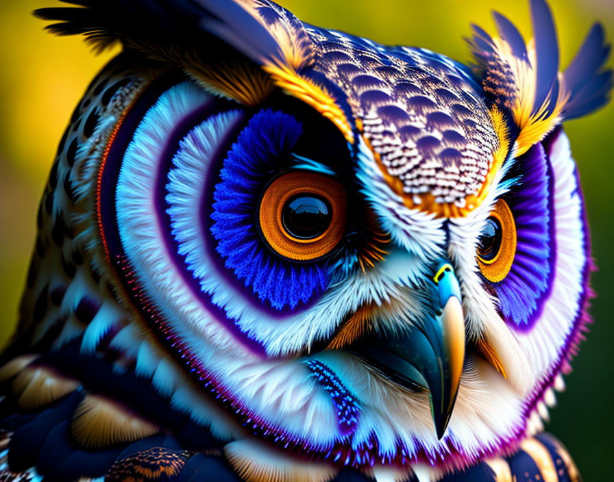 Colorful Owl Illustration with Intricate Patterns and Orange Eyes