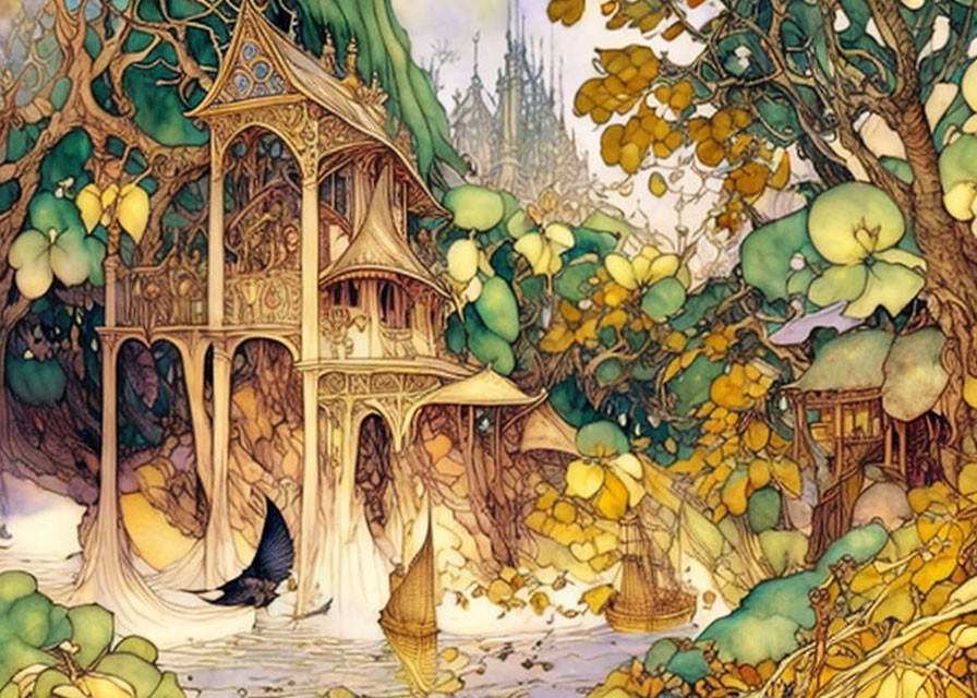 Detailed fairy-tale treehouse scene with oversized leaves and sailboats.