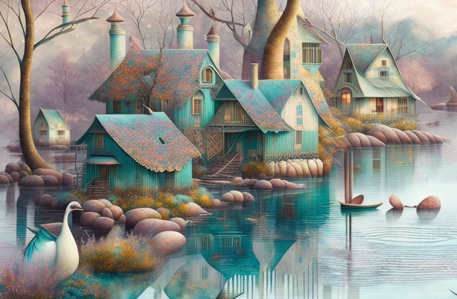 Whimsical fairy-tale village by serene lake with swan and boat