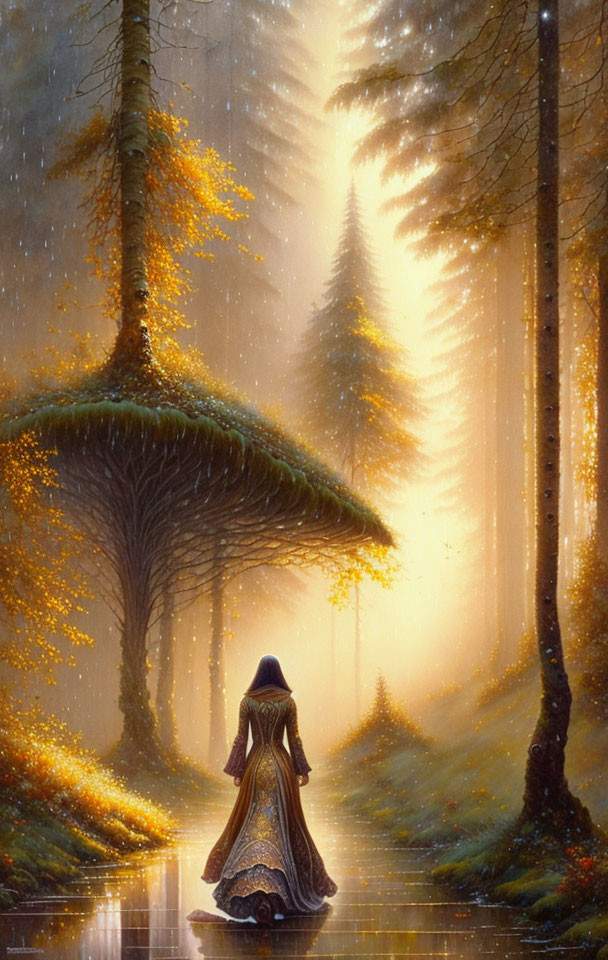 Robed Figure Standing in Enchanting Forest with Glowing Leaves