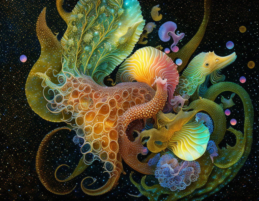 Colorful Fantastical Sea Creatures in Starry Underwater Scene