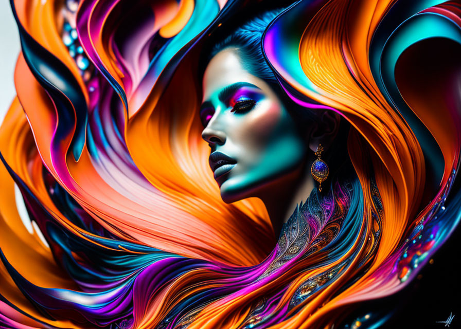 Colorful digital artwork: Woman with multicolored hair and vibrant makeup