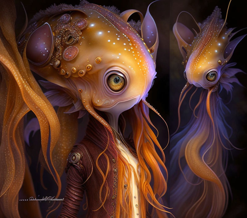 Golden-headed creature with large eyes, bubbles, brown jacket, orange hair.