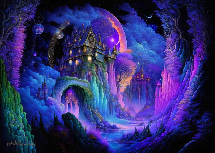 Fantasy artwork: Magical castle, luminescent trees, river, large moon