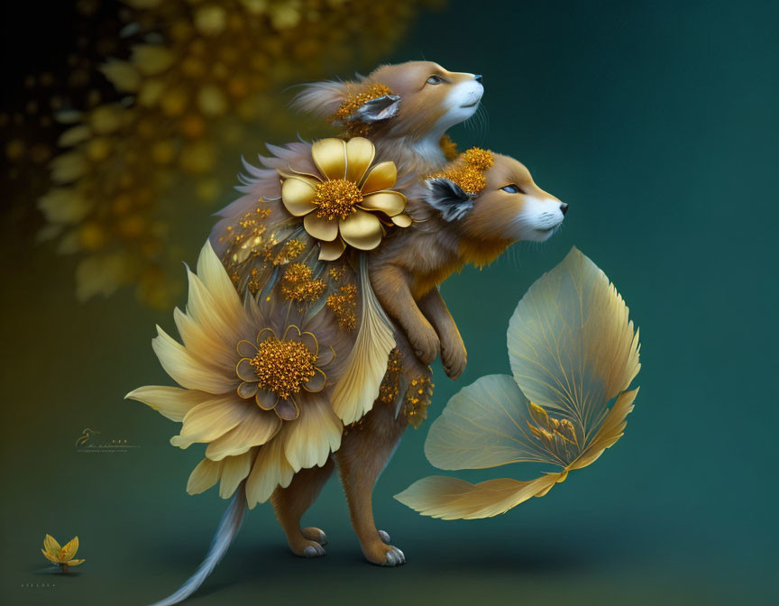 Fantastical image: Fox-like creatures with golden flowers on green backdrop