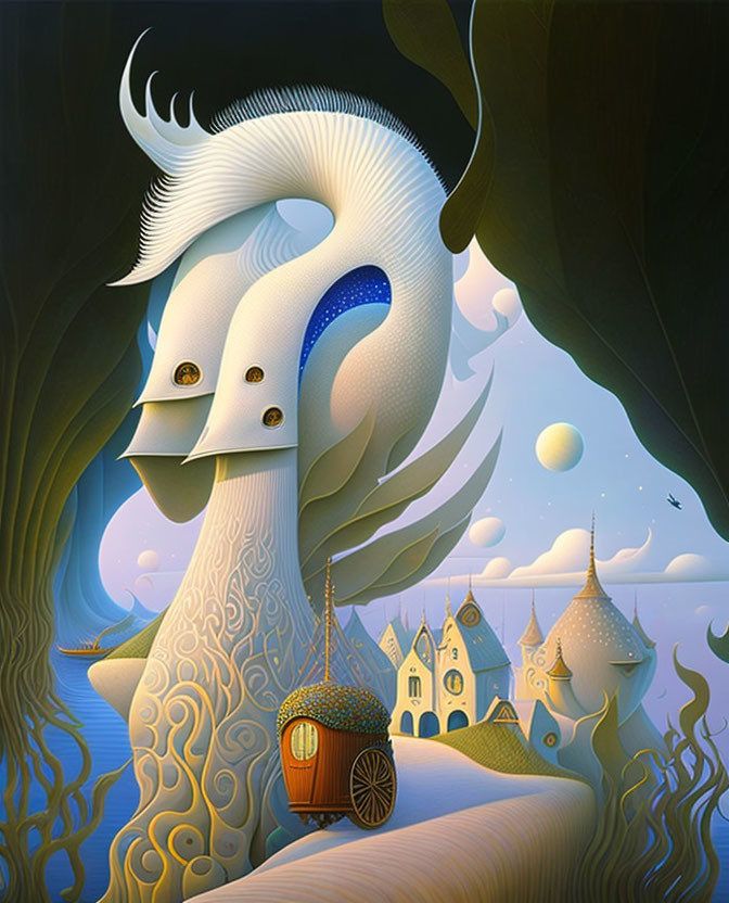 Surreal swan-like figure with fantasy landscape and moons