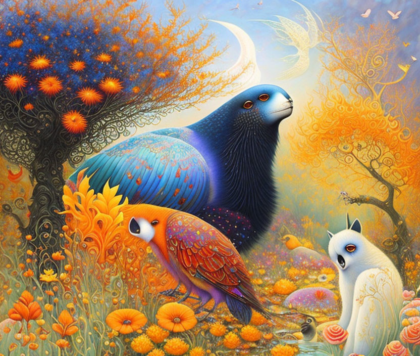 Colorful surreal artwork: stylized birds in vibrant landscape