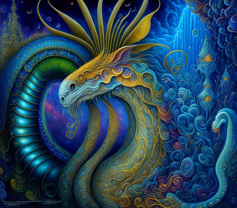 Majestic dragon with vibrant colors and intricate scales against underwater backdrop