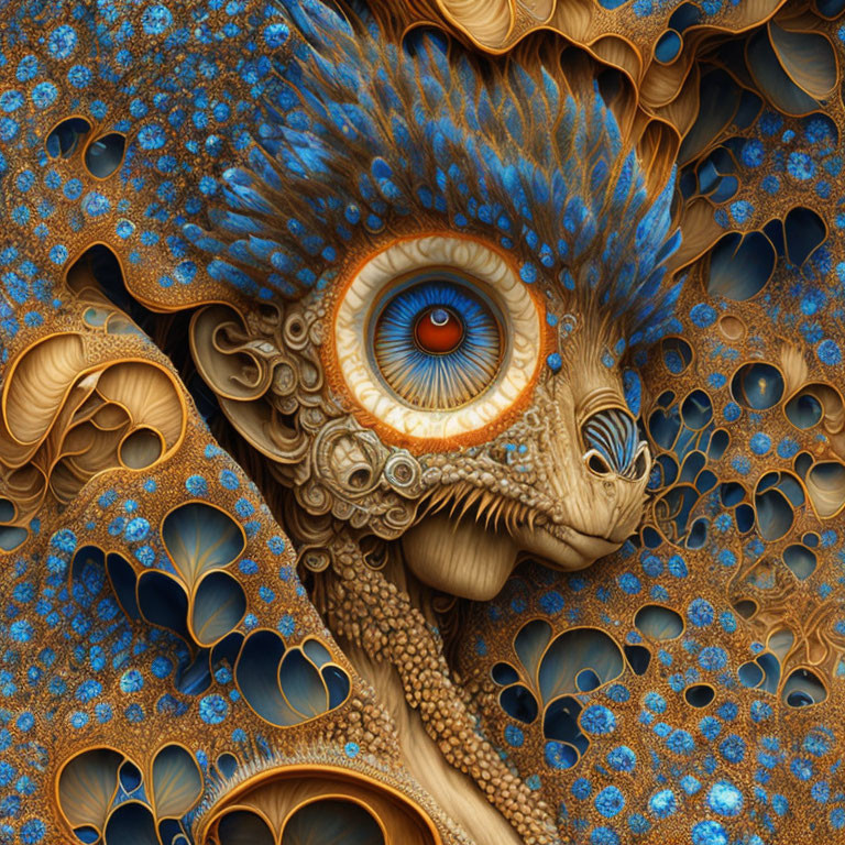 Detailed fractal art: peacock-inspired design with vibrant blue patterns and central eye motif