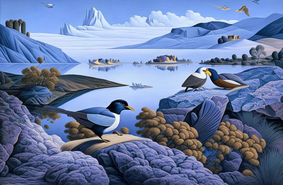 Stylized blue landscape with birds, icebergs, water, and textile-like textures