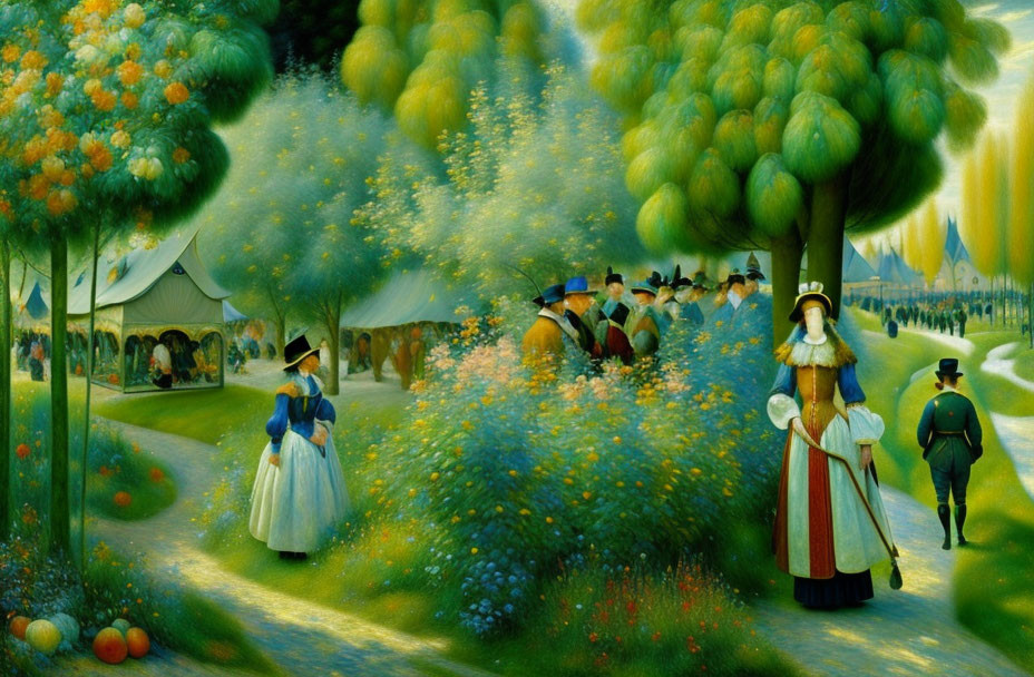 Colorful painting of people in period attire in lush setting