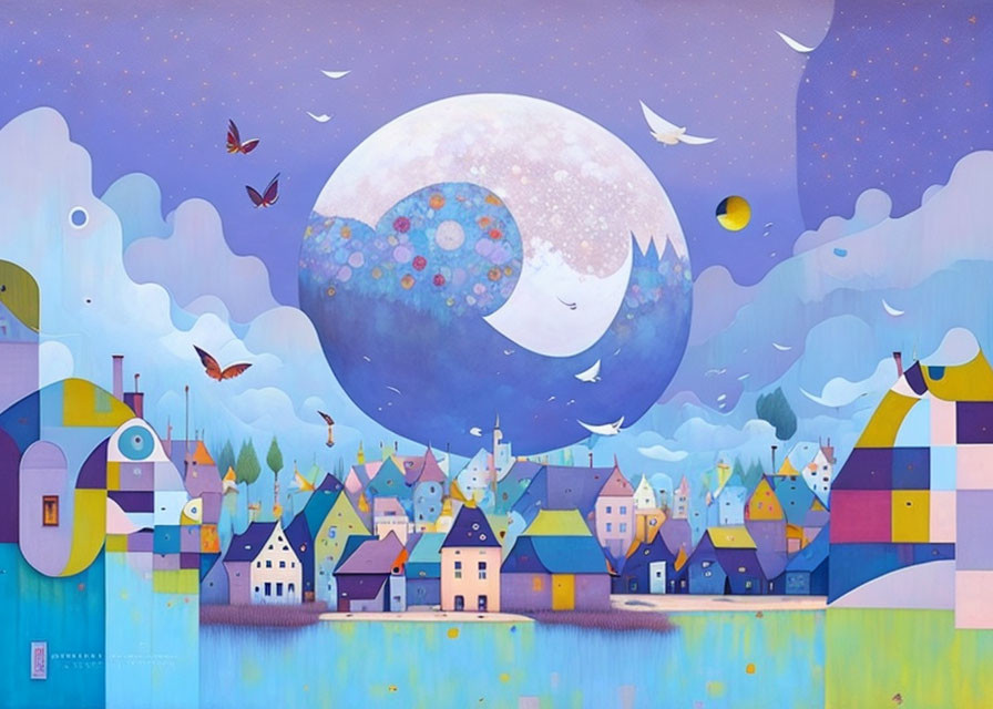 Colorful Illustration of Whimsical Village Under Stylized Moon