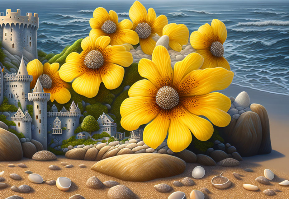 Surreal landscape with oversized yellow flowers and miniature castles by the sea