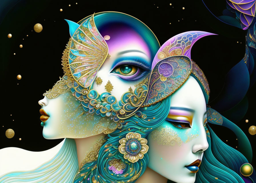 Stylized women's faces with golden masks on cosmic backdrop