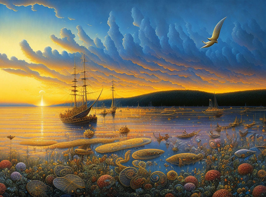 Sunset seascape with tall ship, sparkling water, sea creatures, forested coastline, bird,