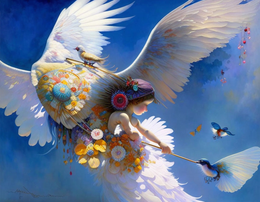 Surreal painting of child with wings in blue sky with birds & butterflies