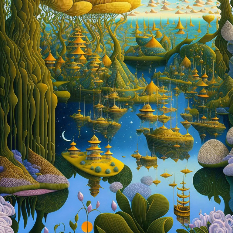 Colorful fantasy landscape with floating islands and pagoda-style structures