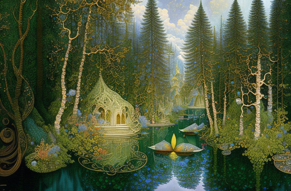 Ethereal forest with golden pavilions, tranquil lake, lush greenery, vibrant flowers