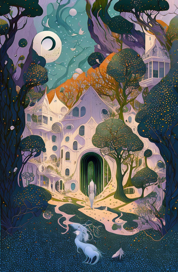 Colorful forest house illustration with whimsical elements