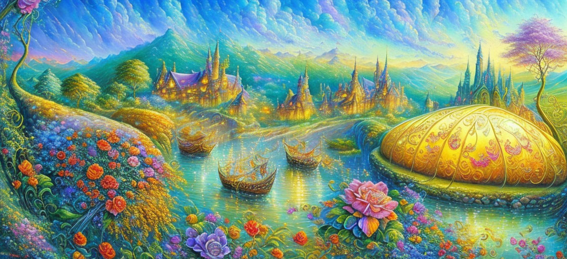 Colorful Flora, Ornate Boats, and Whimsical Buildings in Fantasy Landscape