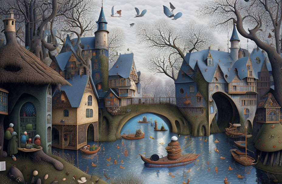 Whimsical village illustration with castle, stone bridge, boat, and birds