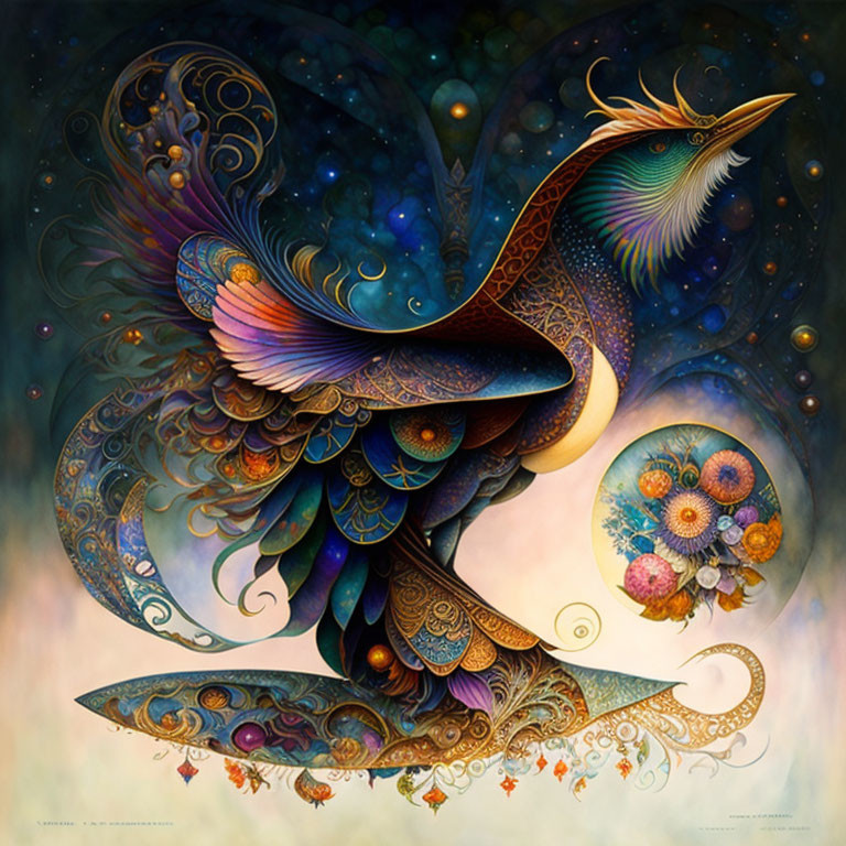 Colorful mythical bird illustration with intricate patterns and floral motifs