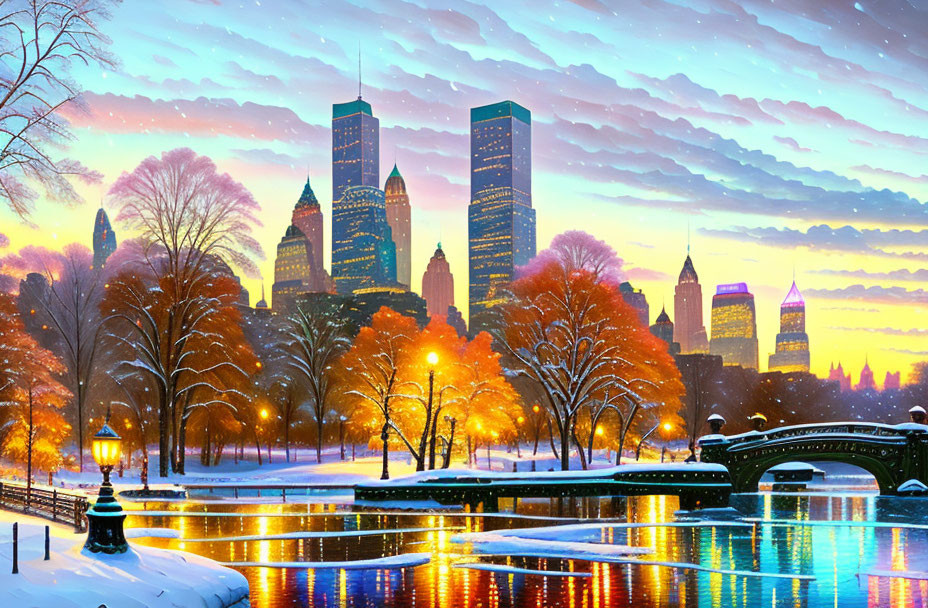 Winter cityscape with snow-covered trees, reflective river, skyscrapers, and colorful twilight sky