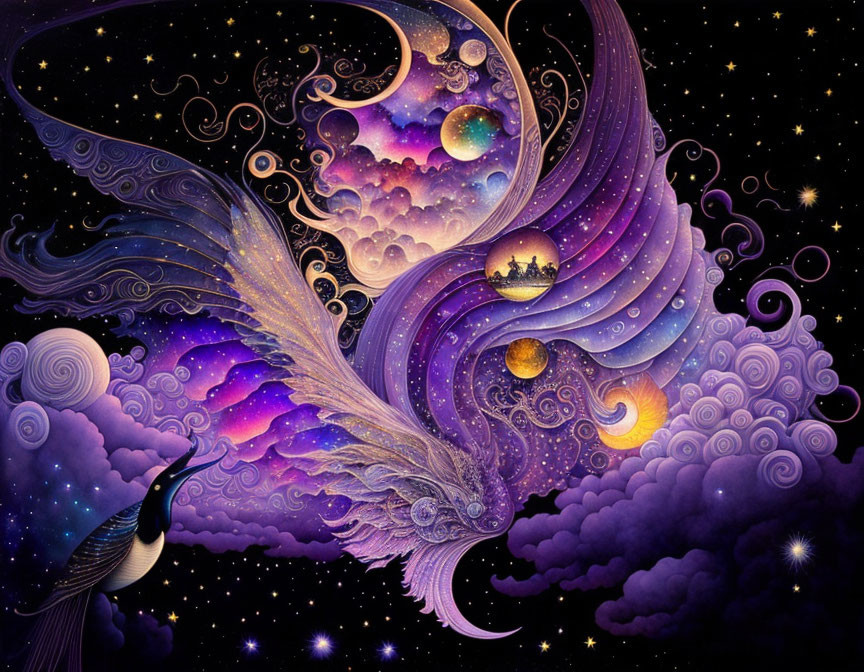 Surreal cosmic illustration of stylized bird with detailed feathers and celestial elements