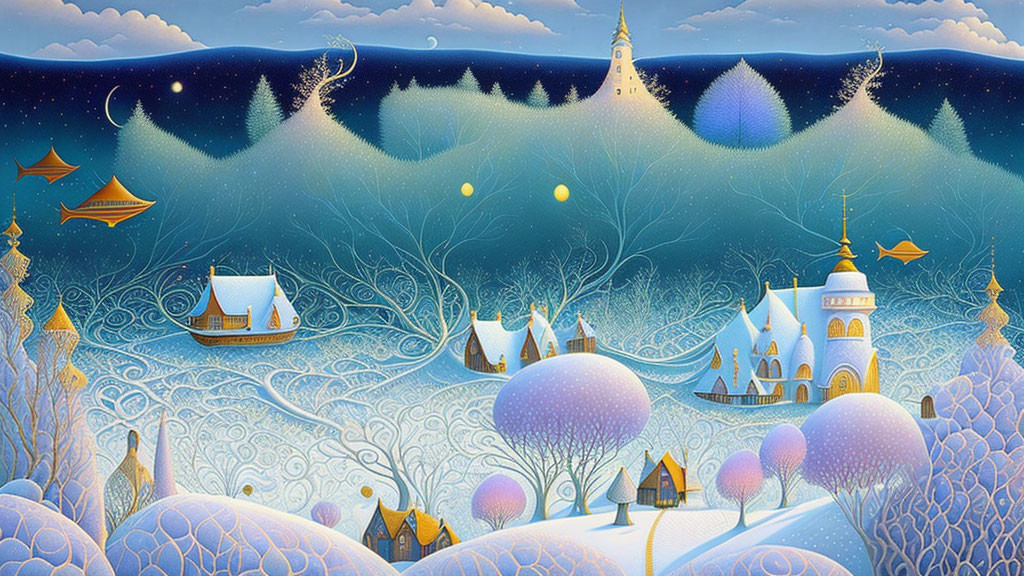 Winter night scene: sailing ships, ornate buildings, colorful trees under starry sky.