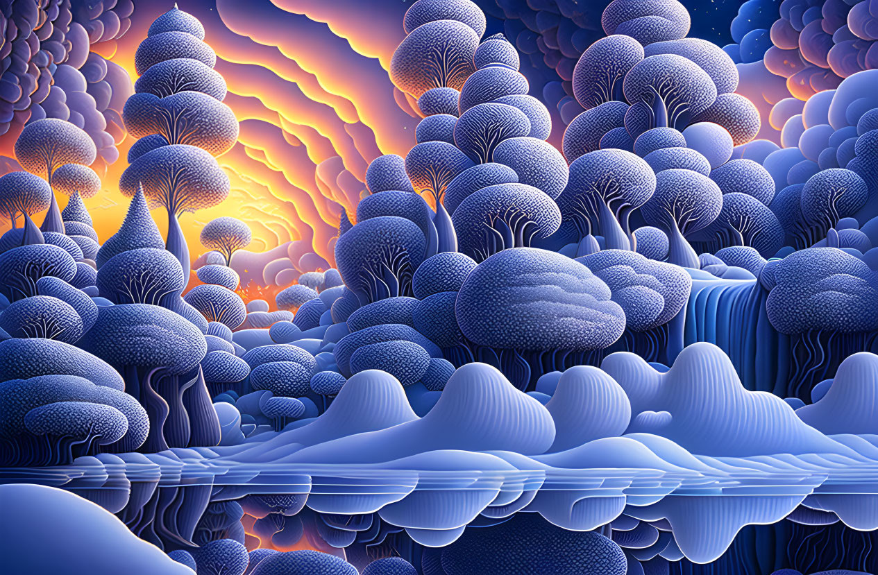 Surreal landscape with stylized blue trees under orange and purple sky