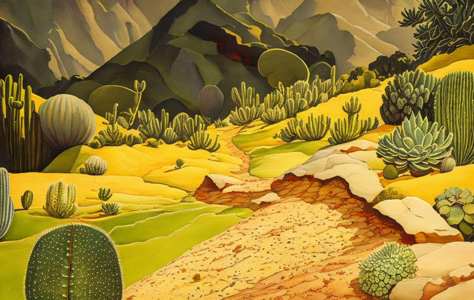 Colorful desert landscape with cacti, yellow terrain, and green mountains