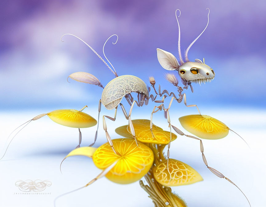 Whimsical digital artwork of insect-like fantasy creature on yellow flowers in blue background