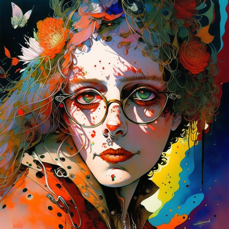 Colorful portrait of a person with glasses, floral motifs, and butterflies on dark backdrop