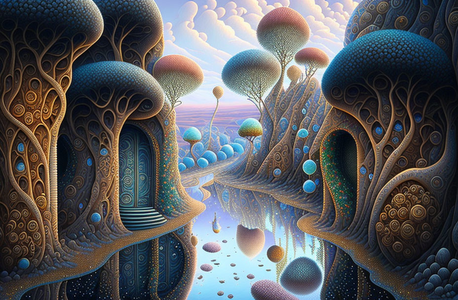 Fantastical landscape with mushroom-like structures and floating orbs under twilight sky