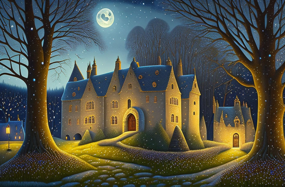 Enchanted castle at night with glowing windows, surrounded by trees.