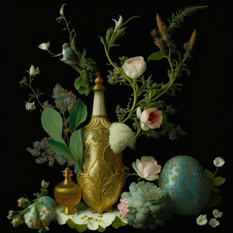 Ornate golden vase with flowers and eggs on dark background