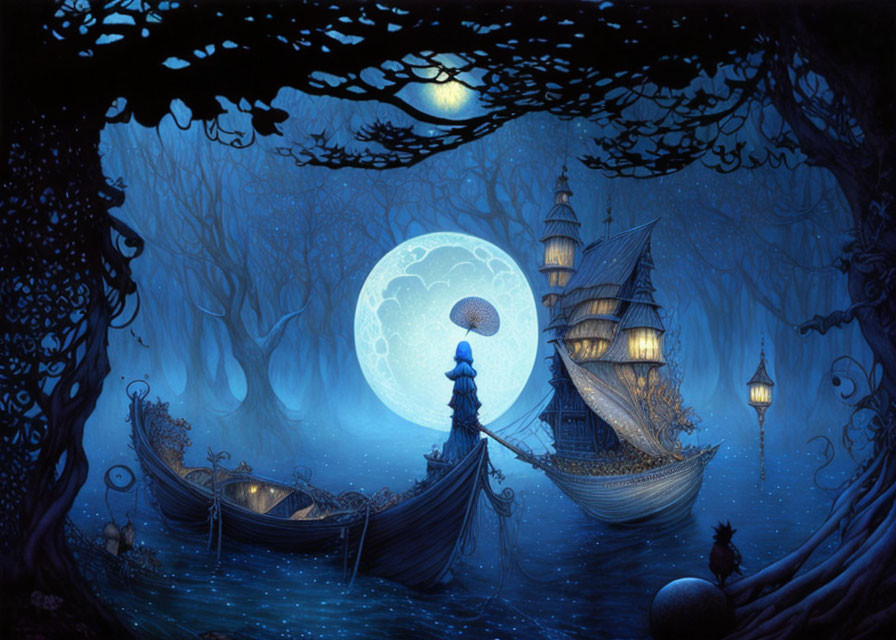 Person with umbrella on dock under luminous full moon by moored ship