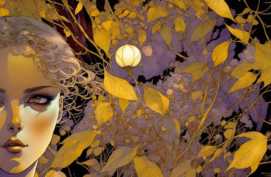 Curly-haired woman in golden leaves and blossoms under white light