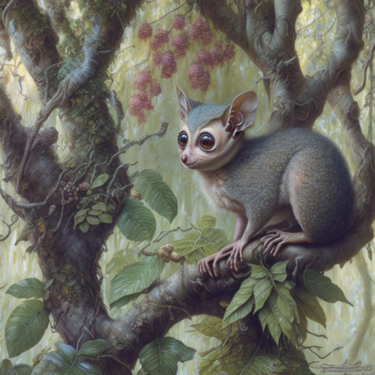 Whimsical creature with large eyes in lush greenery and pink-hued flora