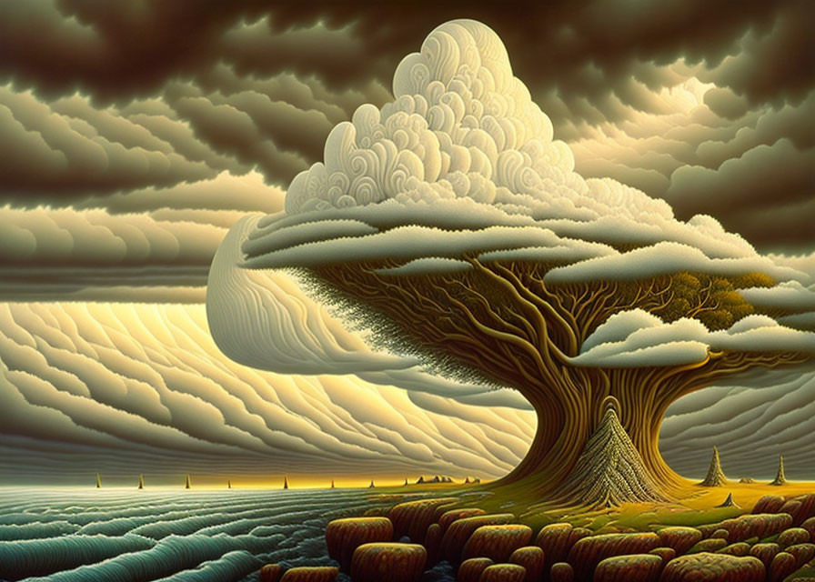 Colossal tree with cloud-like foliage in surreal landscape