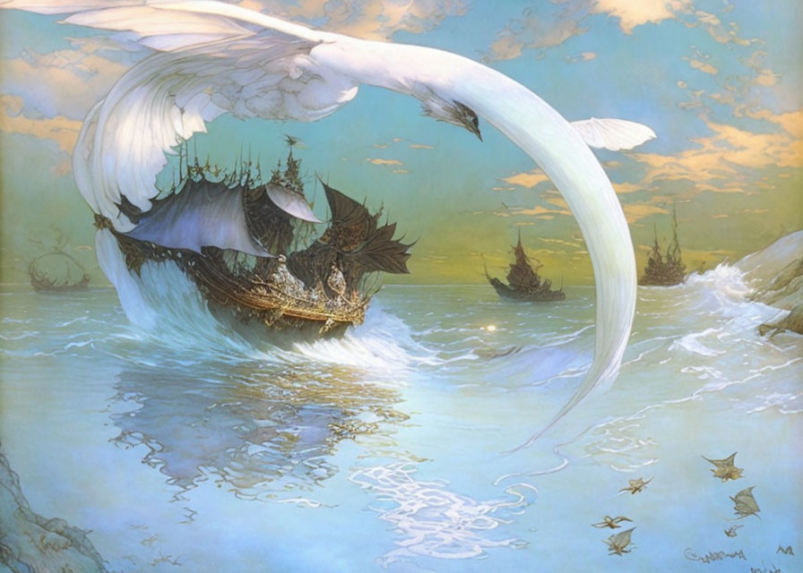 Fantastical painting: Ships with elaborate sails led by giant white swan